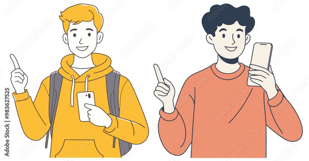 Two young men in casual clothing holding smartphones and pointing with their fingers, smiling and interacting with their devices.