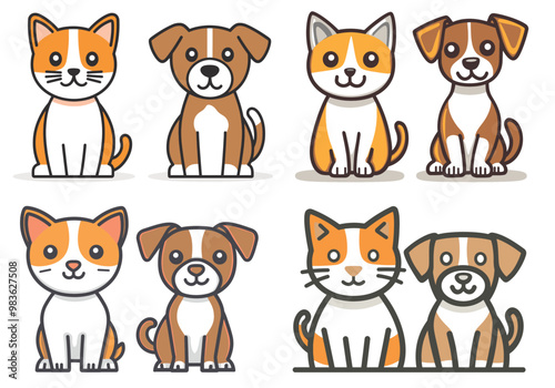 Illustration of multiple cats and dogs sitting side by side, drawn in a cute, vector style.