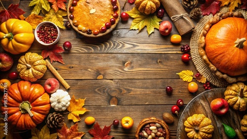 Autumnal Thanksgiving table setting with pumpkins, pie, and fall leaves on a rustic wooden background.