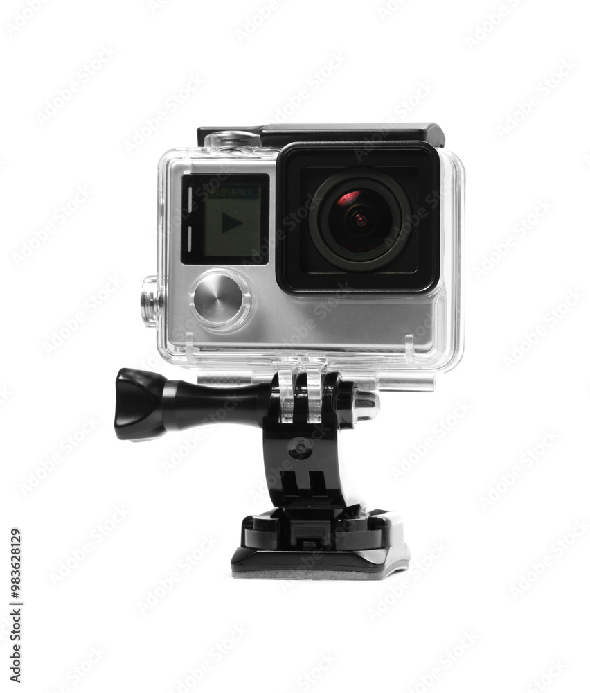 Modern action camera and mount isolated on white Modern action camera and mount isolated on white