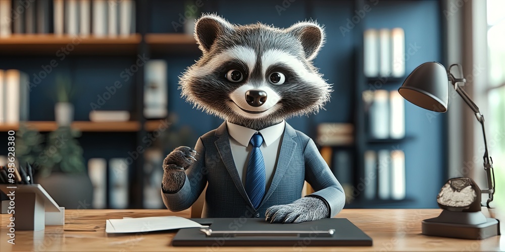 3D animated cartoon raccoon executive wearing business suit working in corporate office 3D animated cartoon raccoon executive wearing business suit working in corporate office