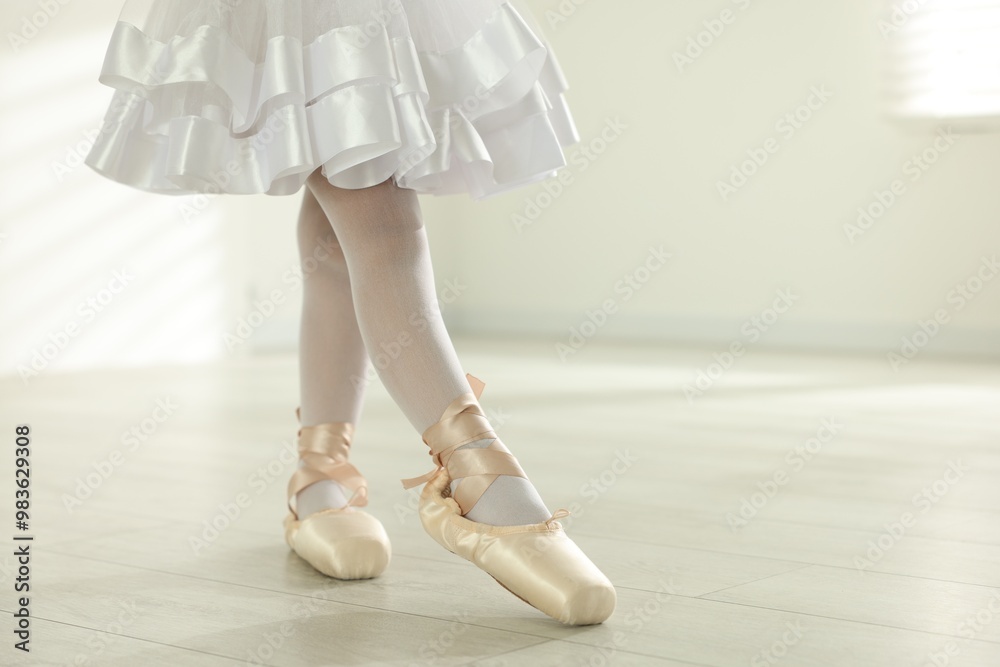 Little ballerina practicing dance moves indoors, closeup. Space for text Little ballerina practicing dance moves indoors, closeup. Space for text