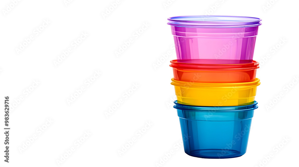 Stacked colorful plastic cups on a white isolated background. Stacked colorful plastic cups on a white isolated background.