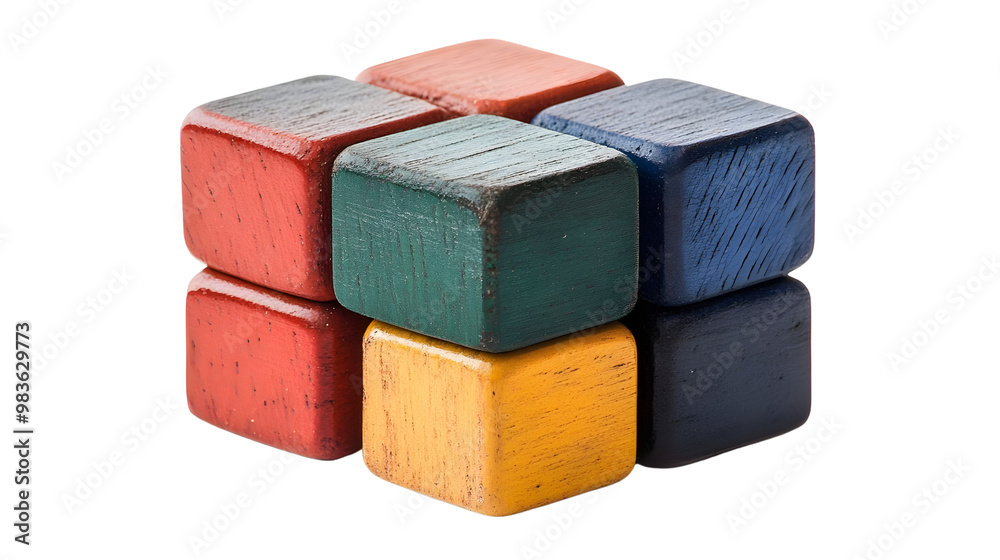 Colorful stacked wooden blocks arranged in a playful design on a white background. Colorful stacked wooden blocks arranged in a playful design on a white background.