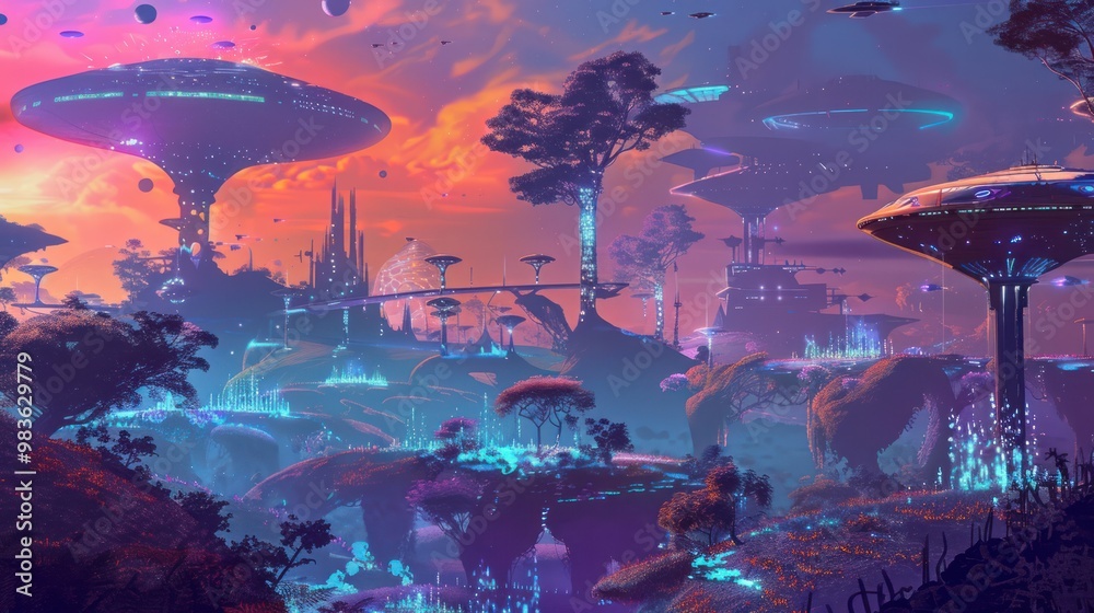 Fototapeta premium Futuristic Cityscape with Flying Ships