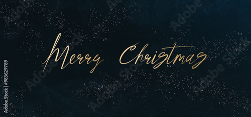 Art background with calligraphic inscription Merry Christmas. Hand-drawn Christmas inscription on a dark background with stars for design of a postcard, print, poster, cover, discounts.