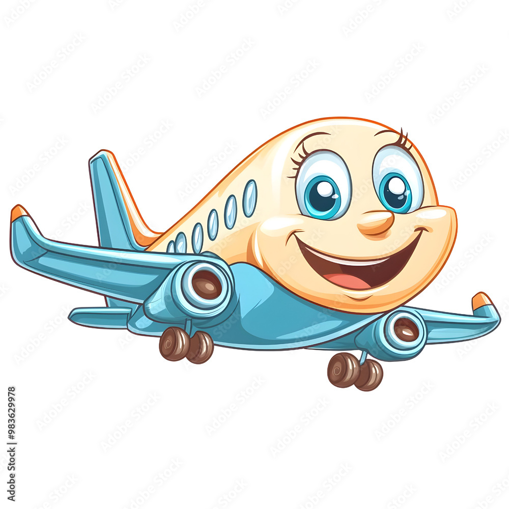 Naklejka premium A cheerful cartoon airplane with a smiling face, on a transparent background, ideal for children's designs.