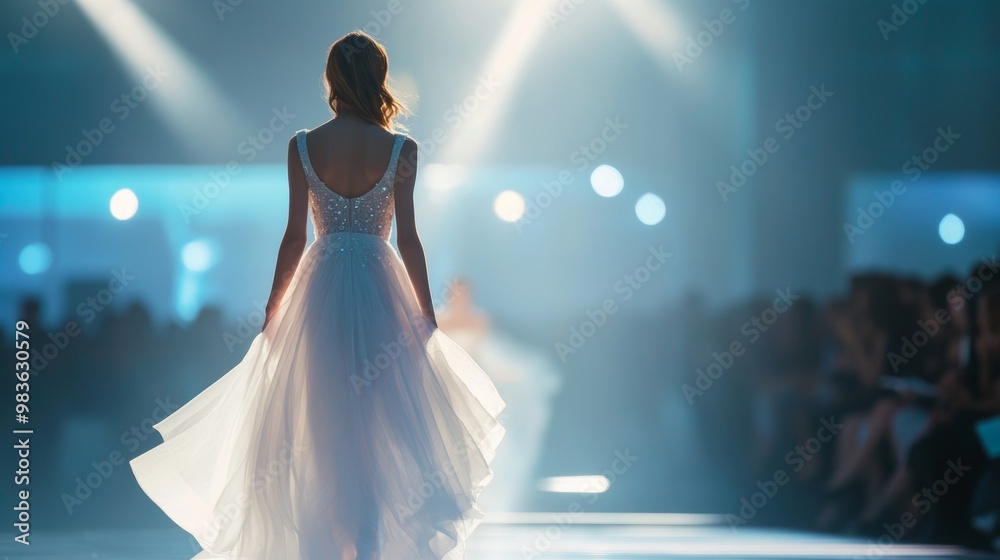 Stunning model showcasing elegance on the fashion week runway in a gorgeous white dress Stunning model showcasing elegance on the fashion week runway in a gorgeous white dress