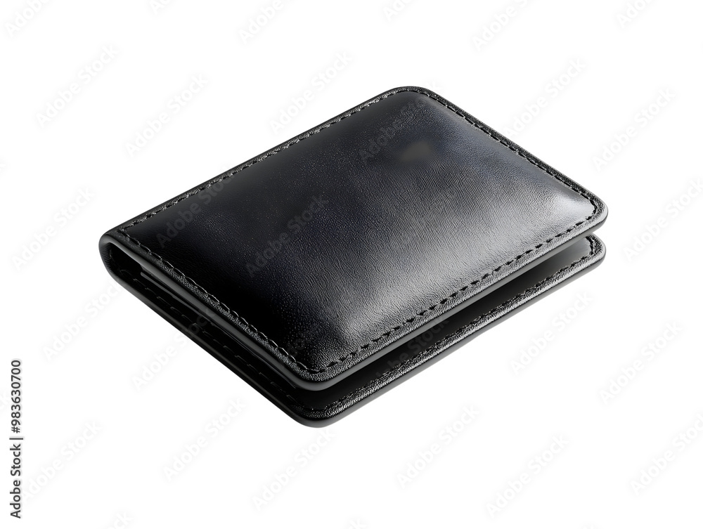 Sleek black wallet on a reflective surface, ideal for showcasing elegance and style. Sleek black wallet on a reflective surface, ideal for showcasing elegance and style.