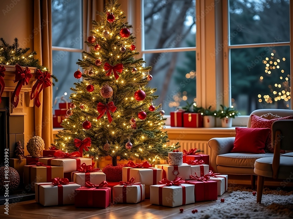 Beautifully Decorated Christmas Tree with Presents in Cozy Living Room Beautifully Decorated Christmas Tree with Presents in Cozy Living Room