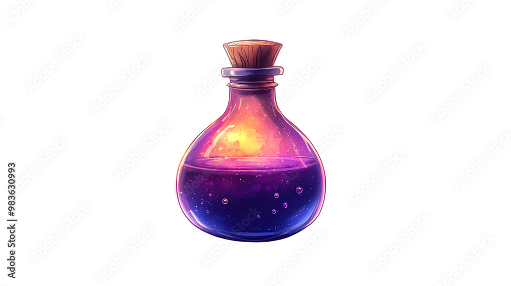 Colorful potion in a glass bottle with magical bubbles, isolated on white background. Colorful potion in a glass bottle with magical bubbles, isolated on white background.
