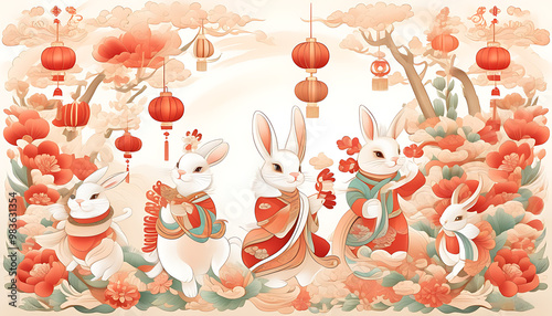 Create an illustrated art piece featuring traditional Chinese style and Dulu style for the Year of the Rabbit, highlighting the jubilant atmosphere of Spring Festival. photo