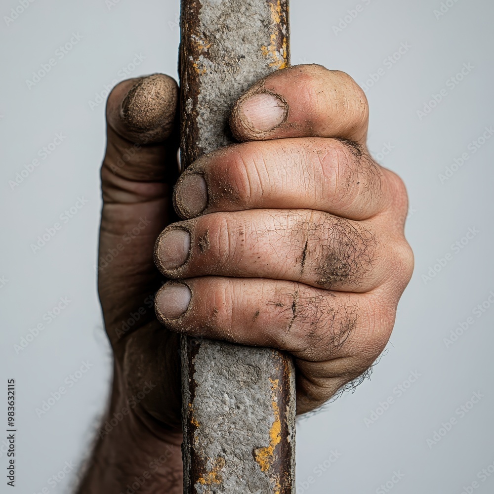 Obraz premium Close-Up of a Dirty Hand Gripping a Rusty Metal Rod Against a Plain Background