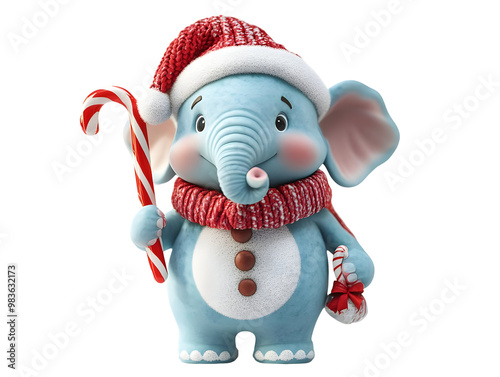 Festive elephant in a Santa hat, holding a candy cane, smiling cheerfully against a white background. photo