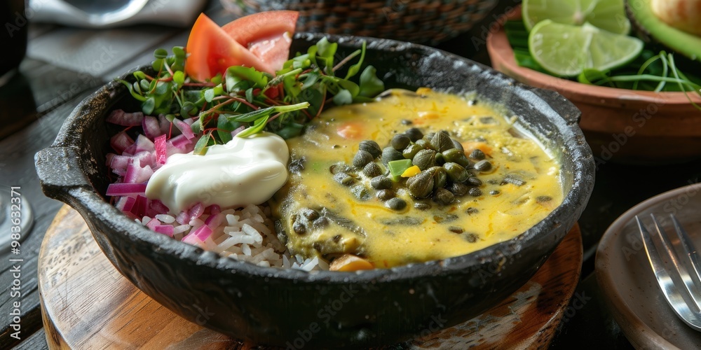 Ajiaco Classic Dish Accompanied by Rice Milk, Cream, Avocado, Capers, and Salad Ajiaco Classic Dish Accompanied by Rice Milk, Cream, Avocado, Capers, and Salad