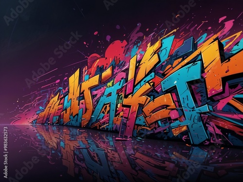 A vibrant graffiti wall with reflections on the floor.