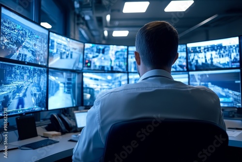 Photo of a security guard watching multiple screens in the control room, ensuring peace and safety for people within his purview. photo