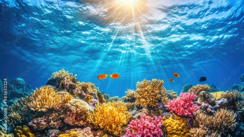 Obraz premium Underwater scene showcasing vibrant coral reefs and colorful fish illuminated by sunlight.