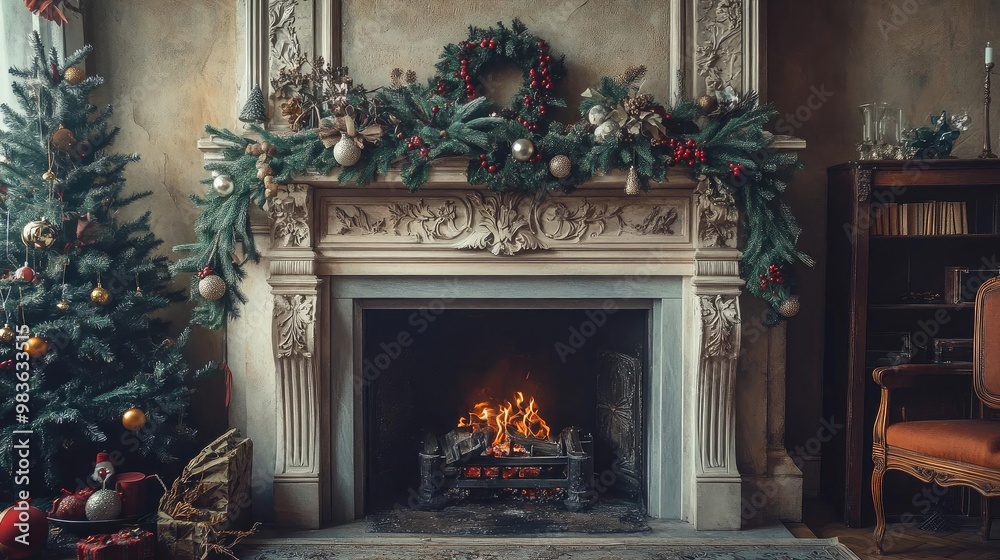 Cozy Christmas scene featuring a beautifully adorned fireplace, decorated tree, and warm fireplace glow, perfect for holiday decor.