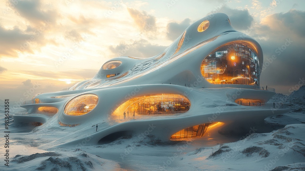 Futuristic architectural structure in a snowy landscape at sunset. Futuristic architectural structure in a snowy landscape at sunset.