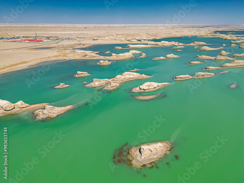 The desert and Water Yadan landform Park, in Qinghai, China, aerial photo