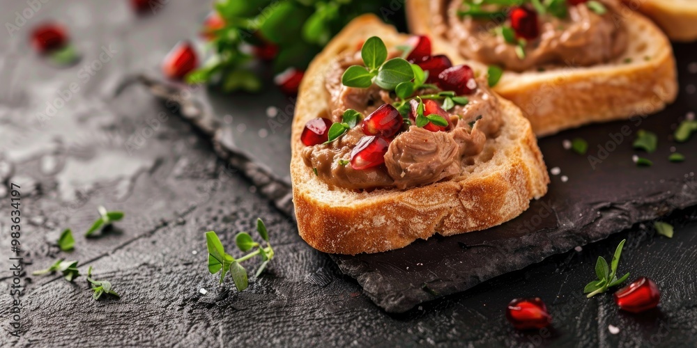 Savory Duck Liver Pâté on Bread and Homemade Chicken Liver Pâté on Toast Accompanied by Greens and Pomegranate, with Room for Text Savory Duck Liver Pâté on Bread and Homemade Chicken Liver Pâté on Toast Accompanied by Greens and Pomegranate, with Room for Text
