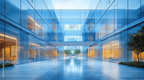 Modern glass architecture featuring a serene courtyard space.