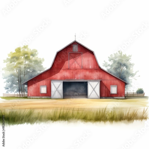 Watercolor Illustration of a Scenic Red Barn with Trees and Grassland in Rural Countryside