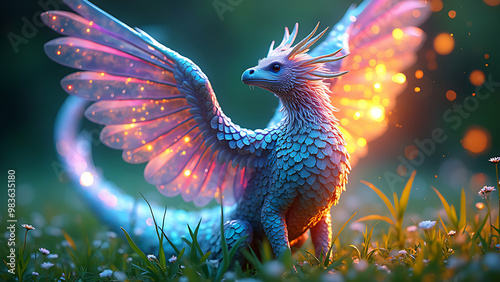 realistic mystical bird with colorful feathers