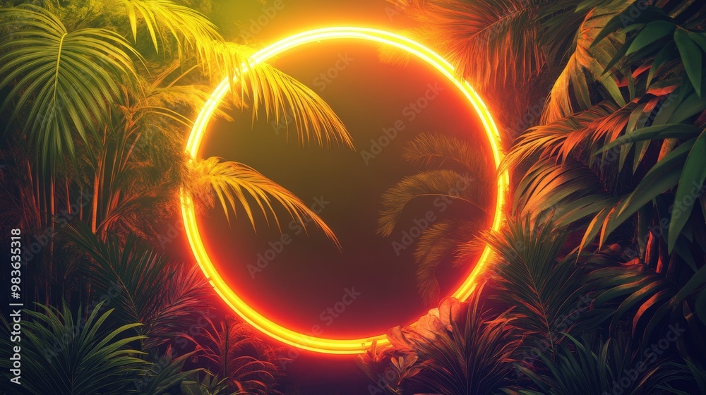 Tropical Neon Circle Light in Jungle Background Tropical Neon Circle Light in Jungle Background