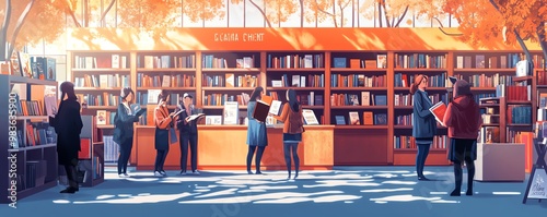 Stylish scene of a book fair with attractive book booths, authors presenting, and excited visitors, bright and inviting atmosphere