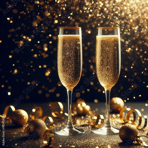 A festive scene featuring champagne glasses surrounded by black golden decorations and a sparkling glitters, perfect for celebrating the holiday season photo