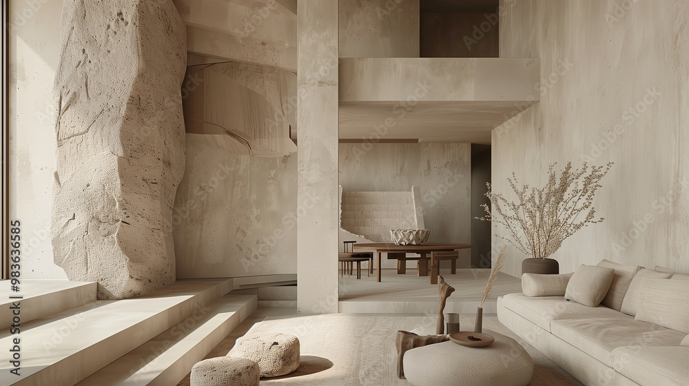 An interior design focused on natural materials, imperfect beauty, and minimalist decor, with an emphasis on tranquility and simplicity.
