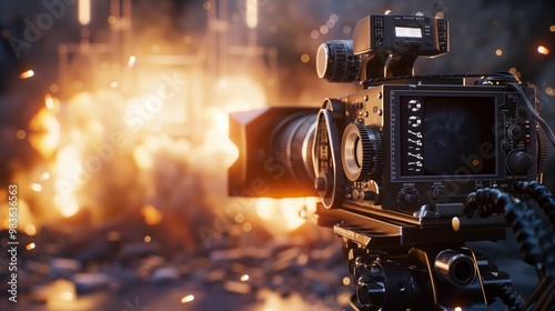 Professional Cinematic Camera Filming Explosive Action Scene with Intense Fire Background in Studio