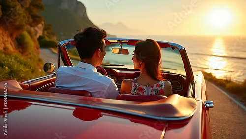 Young couple in retro cabrio car in autumn sunset