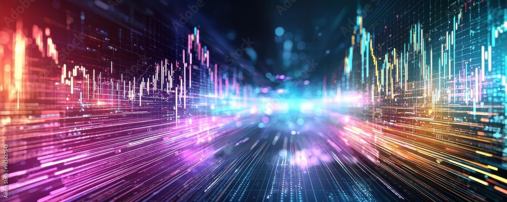 Fototapeta premium Tech recession chart, plummeting digital arrows, futuristic financial dashboard, Ultra HD, copy space for text