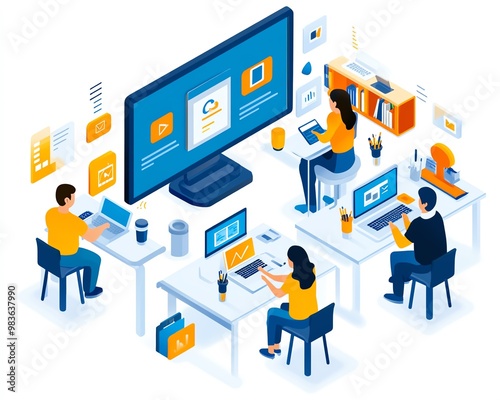 Bright and engaging image of a digital literacy program with interactive workshops, diverse learners, and modern technology, clean design