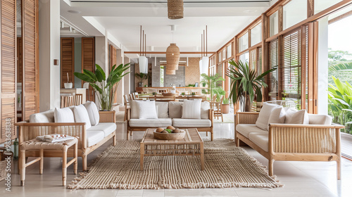 Open, airy interior design concept with tropical wood, woven rattan furniture, and a neutral color palette, blending modern design with traditional Filipino elements photo