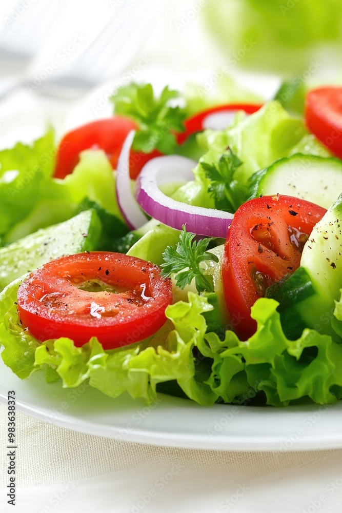 A fresh salad with lettuce, tomatoes, cucumbers, and onions on a white plate. A fresh salad with lettuce, tomatoes, cucumbers, and onions on a white plate.