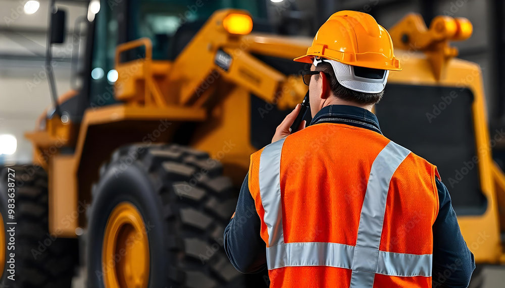 Construction Worker in Safety Vest Standing in Front of Yellow Excavator Construction Worker in Safety Vest Standing in Front of Yellow Excavator