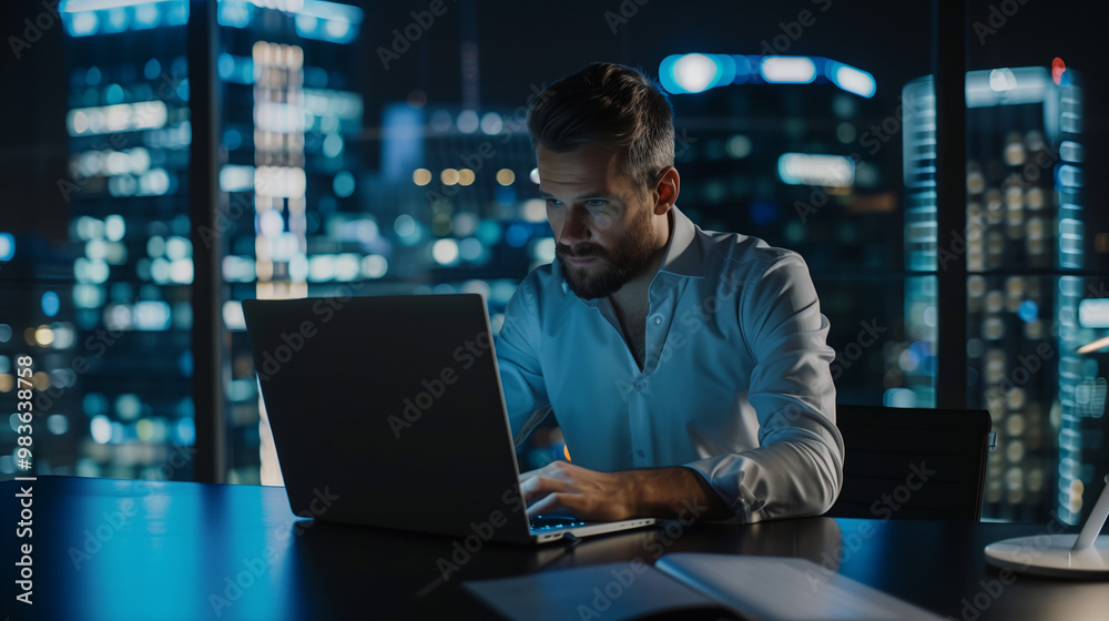 portrait of a businessman working on laptop computer for online trading sitting in modern office portrait of a businessman working on laptop computer for online trading sitting in modern office