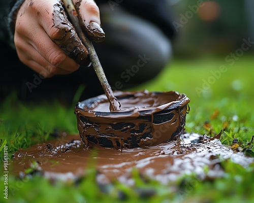 Closeup of wet clay being shaped with tools on a green lawn, earthy tones blending with nature, max photorealism, sharp focus, lifelike textures, HD photo