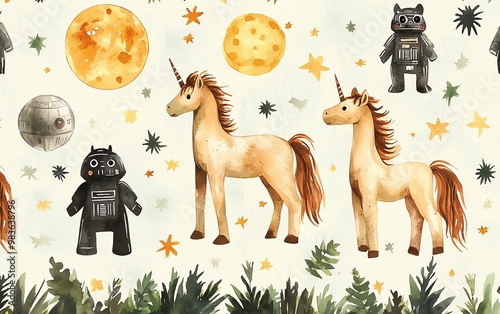 A watercolor seamless pattern featuring Star Warsinspired characters and unicorns, designed for a childrens book with a light green background, highly detailed and high resolution photo