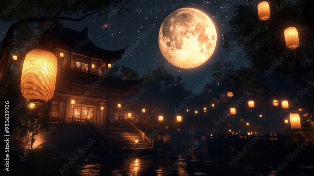Tranquil Moonlit Temple with Glowing Lanterns Tranquil Moonlit Temple with Glowing Lanterns