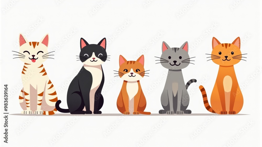 Cute Illustration of Five Diverse Cats Sitting in a Row - Adorable Cartoon Style for Pet-Themed Designs Cute Illustration of Five Diverse Cats Sitting in a Row - Adorable Cartoon Style for Pet-Themed Designs