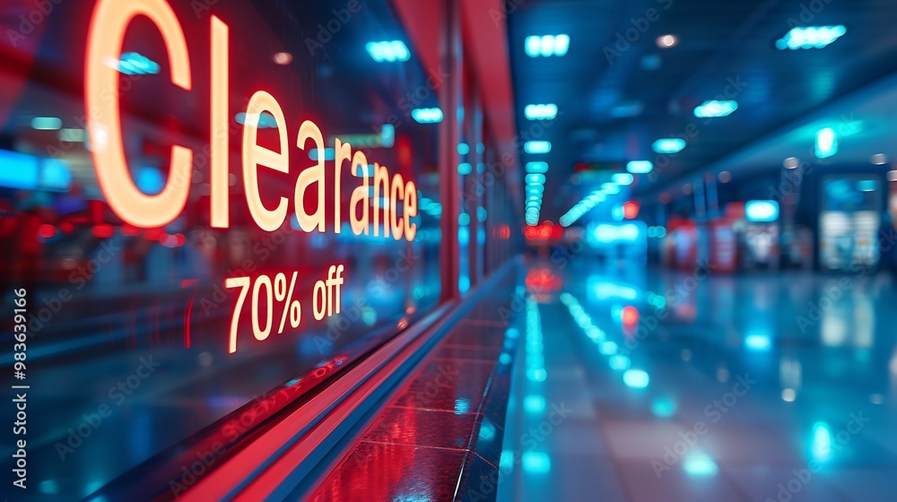 Modern Clearance Up to 70 off sign displayed in a sleek retail store Modern Clearance Up to 70 off sign displayed in a sleek retail store