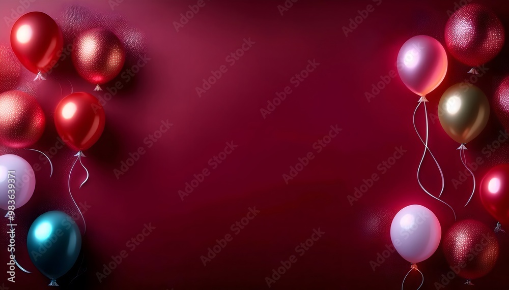 HAPPY New Year banner template. Flat lay composition with balloons, and candles on deep red HAPPY New Year banner template. Flat lay composition with balloons, and candles on deep red