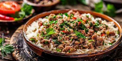 Tasty and well-liked dish consisting of ground meat, herbs, crushed rice, and spices, deep-fried and served with white rice or pasta.