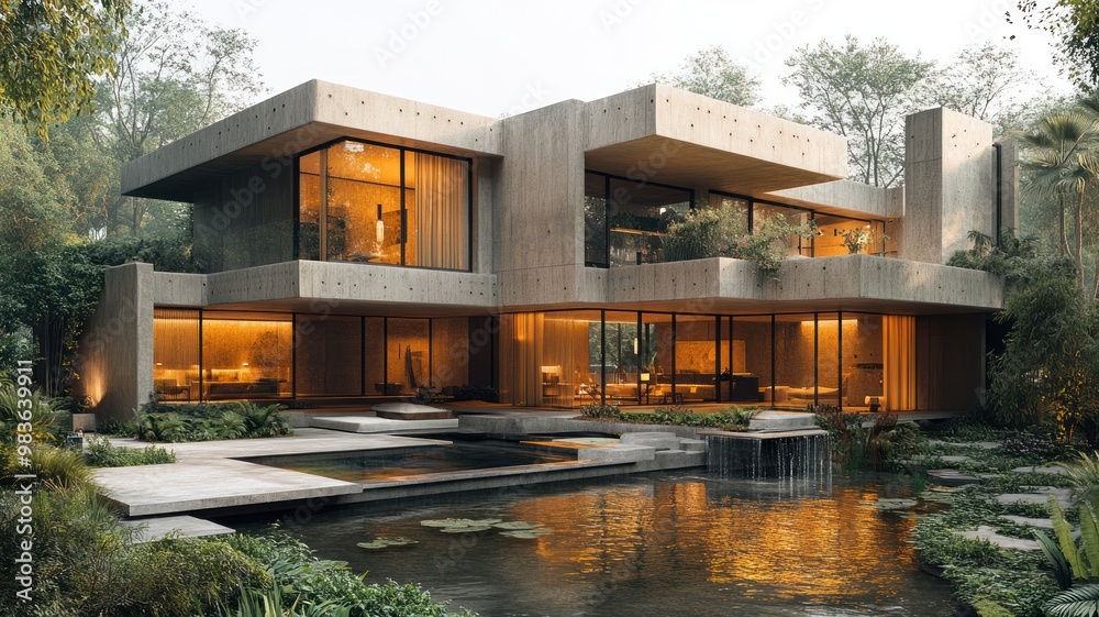 Modern concrete house surrounded by lush greenery and water features. Modern concrete house surrounded by lush greenery and water features.
