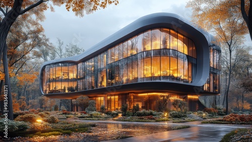 Modern architectural design surrounded by autumn foliage.